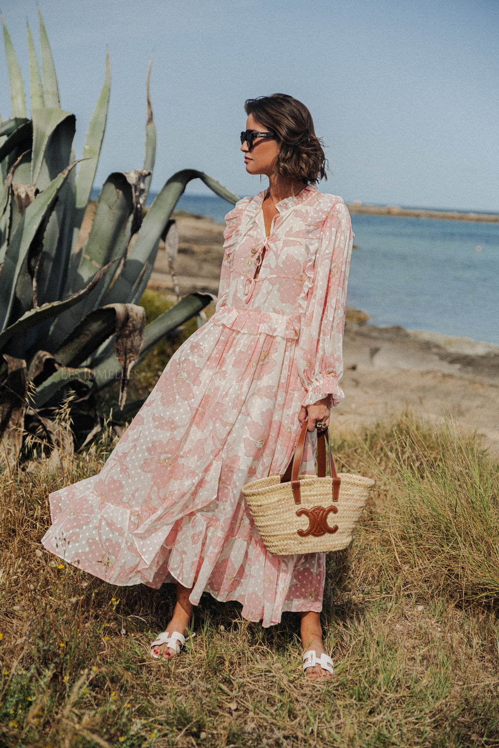 Robe longue en mousseline imprimée rose tendre