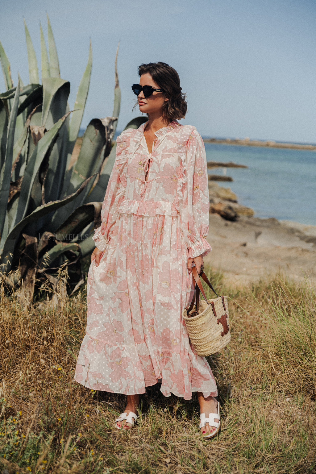 Robe longue en mousseline imprimée rose tendre