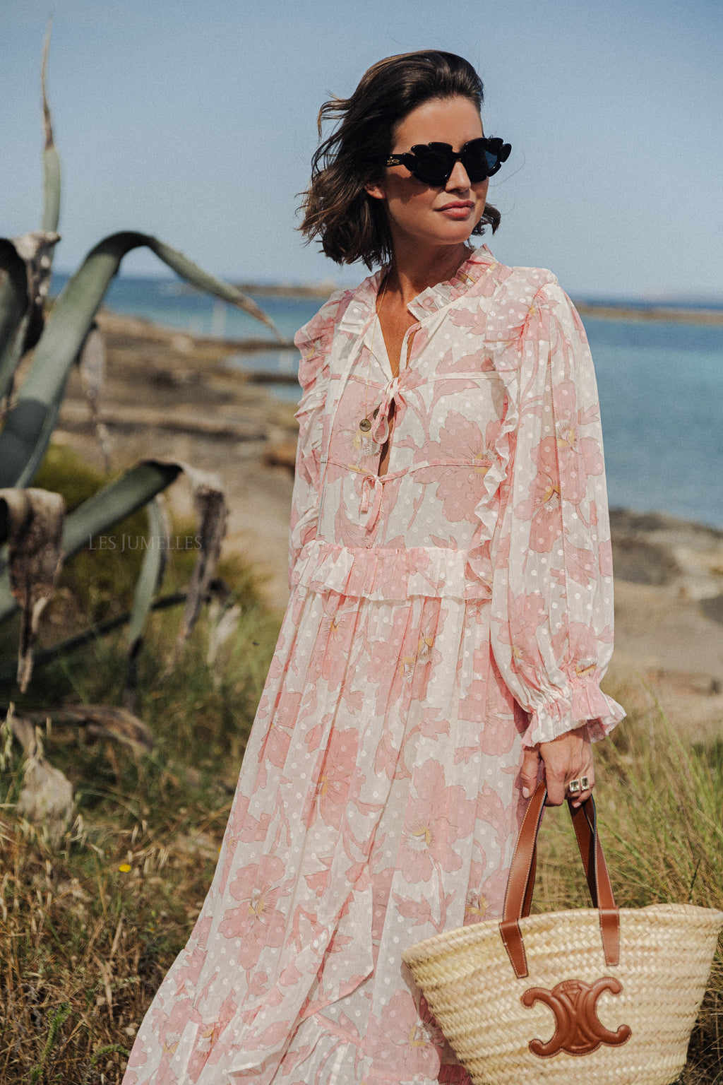 Robe longue en mousseline imprimée rose tendre