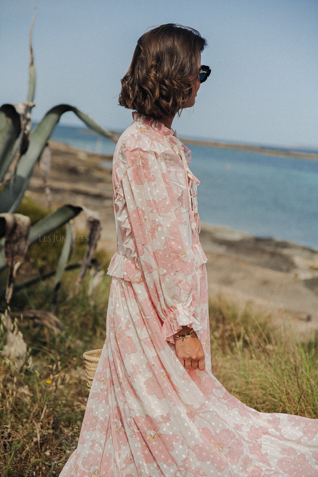 Robe longue en mousseline imprimée rose tendre