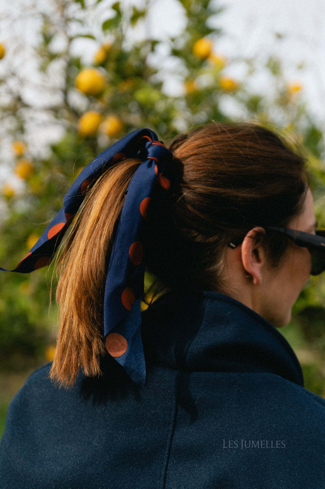 Polka dot hair ribbon navy/camel