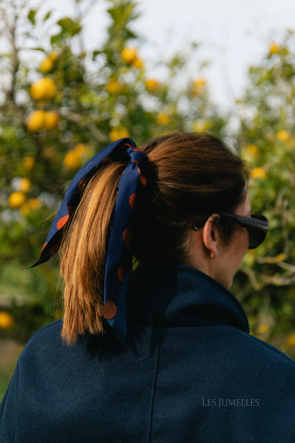 Polka dot hair ribbon navy/camel