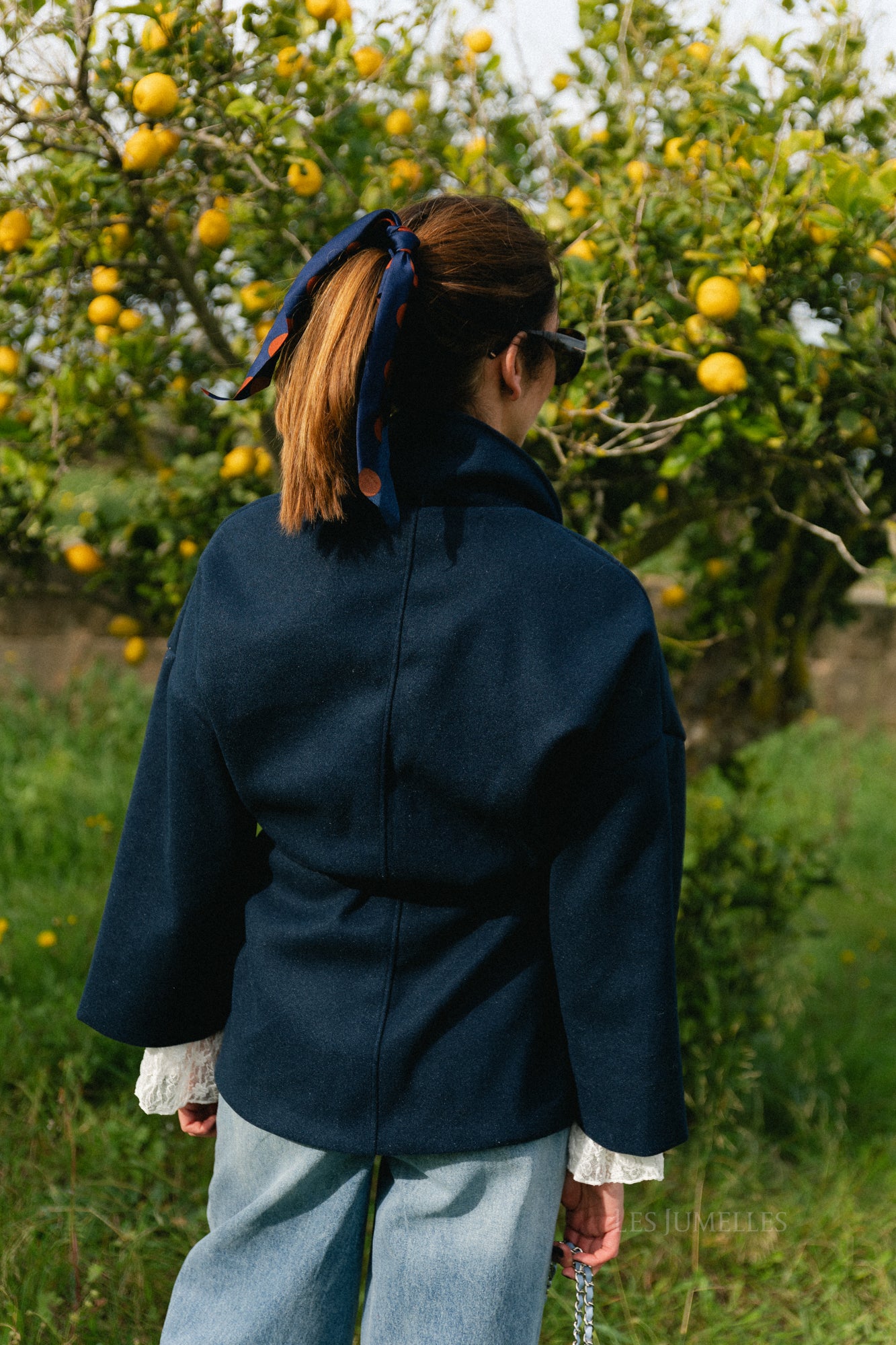 Polka dot hair ribbon navy/camel