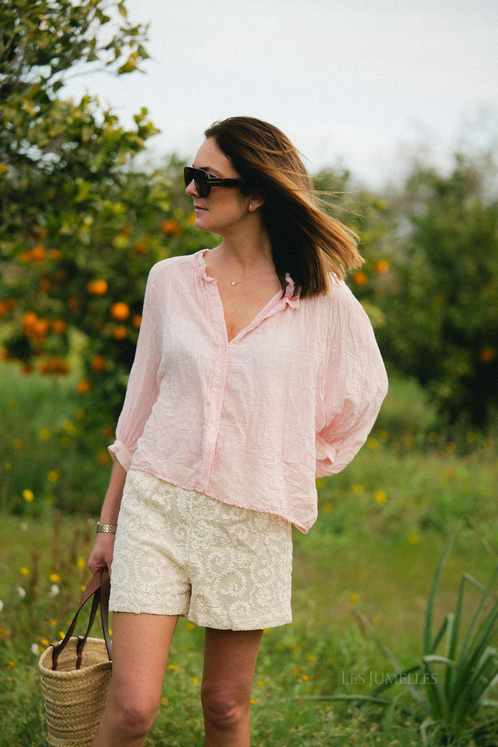 Floral embroidered lace shorts light beige