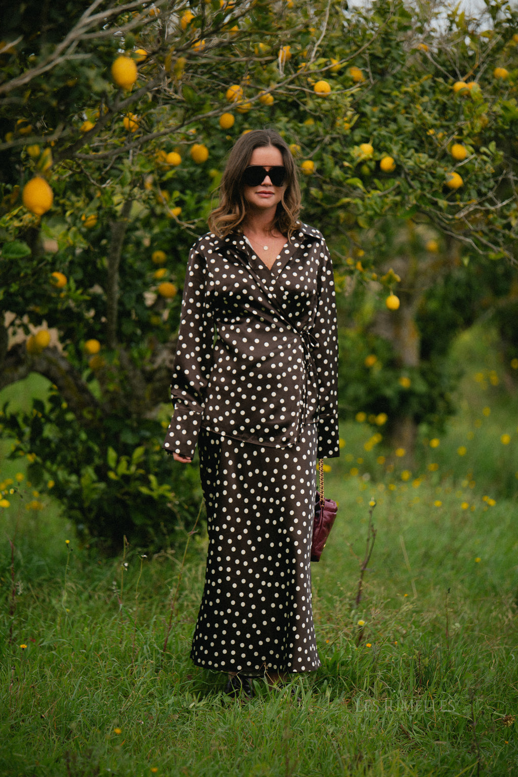 Chemise cache-cœur Juliana à pois marron foncé/écru