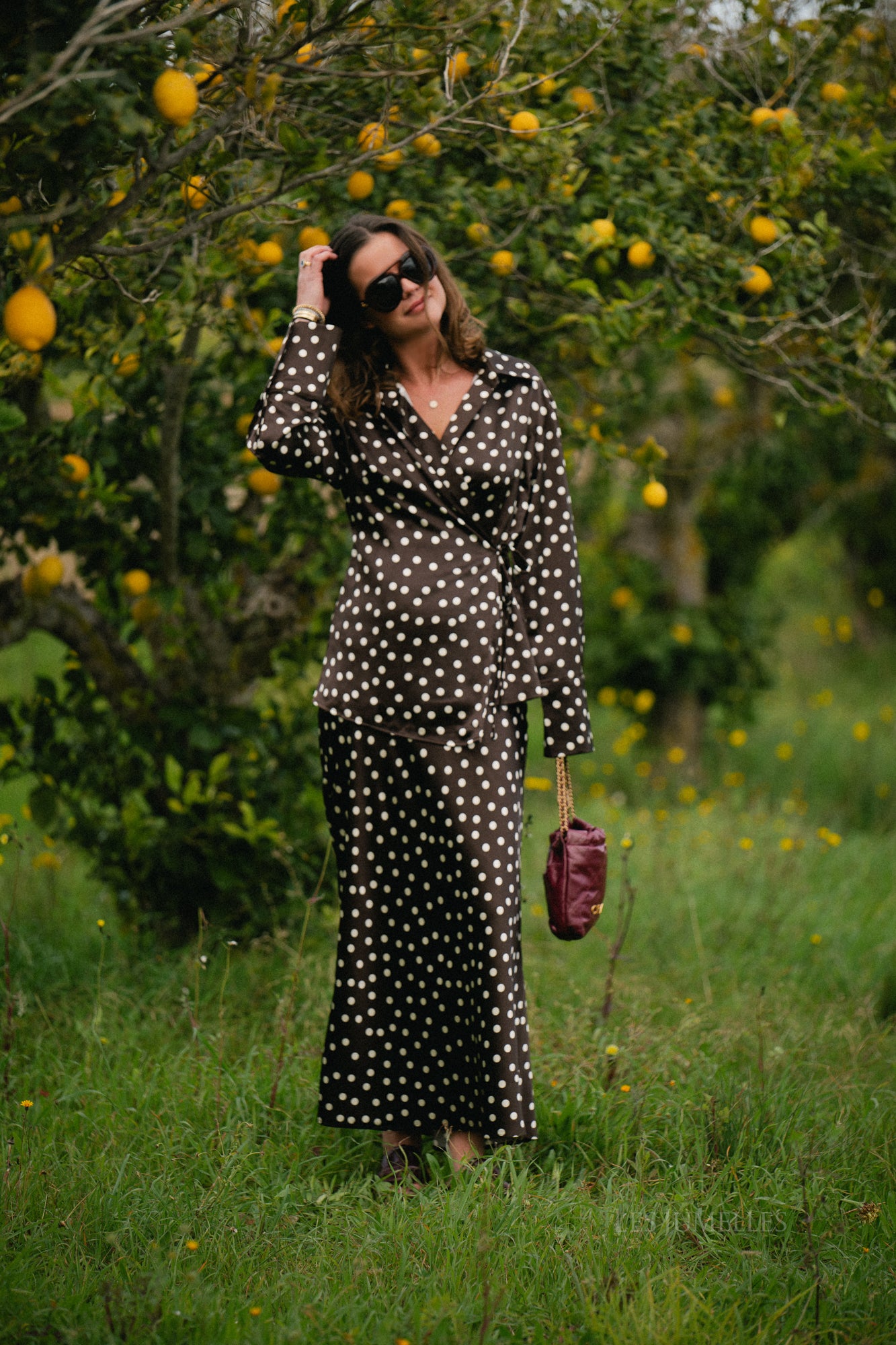 Juliana wikkelblouse met stippen bruin/ecru