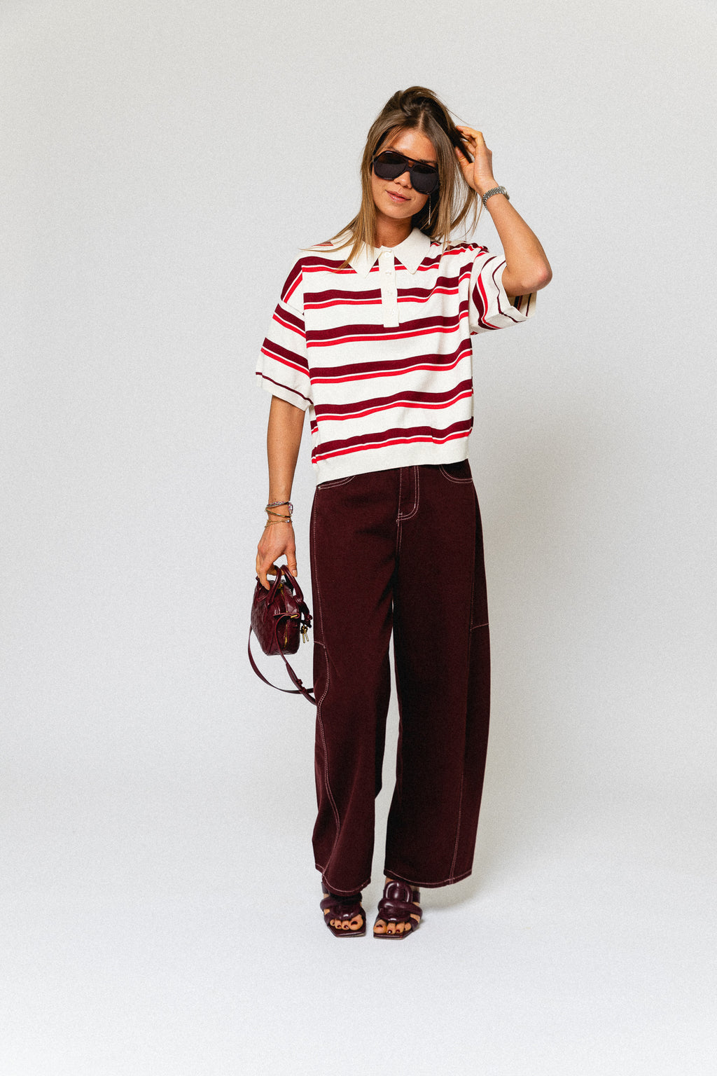 GZTaia SS polo pullover - egret/cabernet/poinsettia