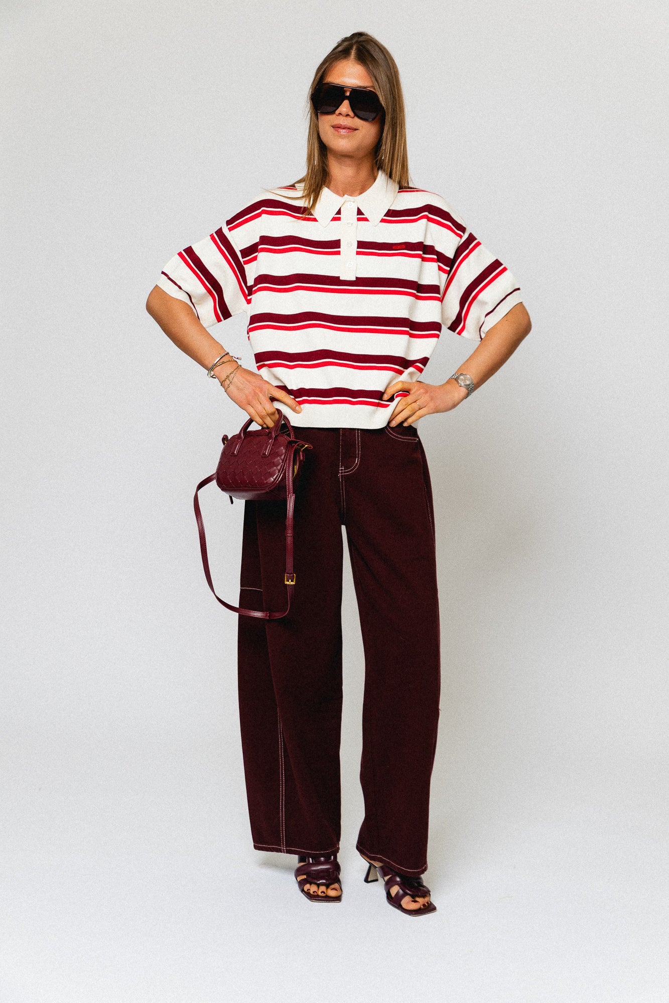 GZTaia SS polo pullover - egret/cabernet/poinsettia