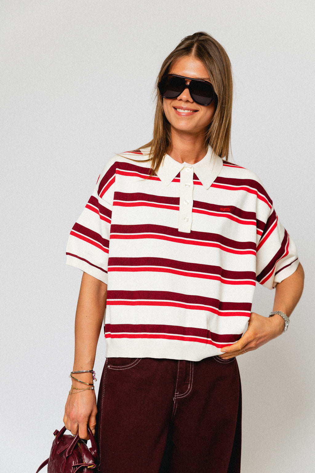 GZTaia SS polo pullover - egret/cabernet/poinsettia