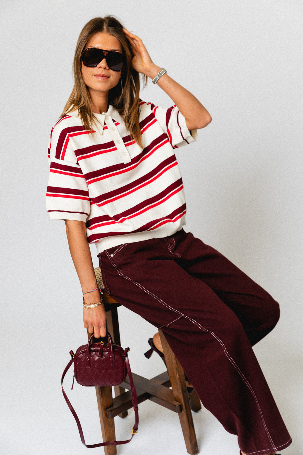 GZTaia SS polo pullover - egret/cabernet/poinsettia