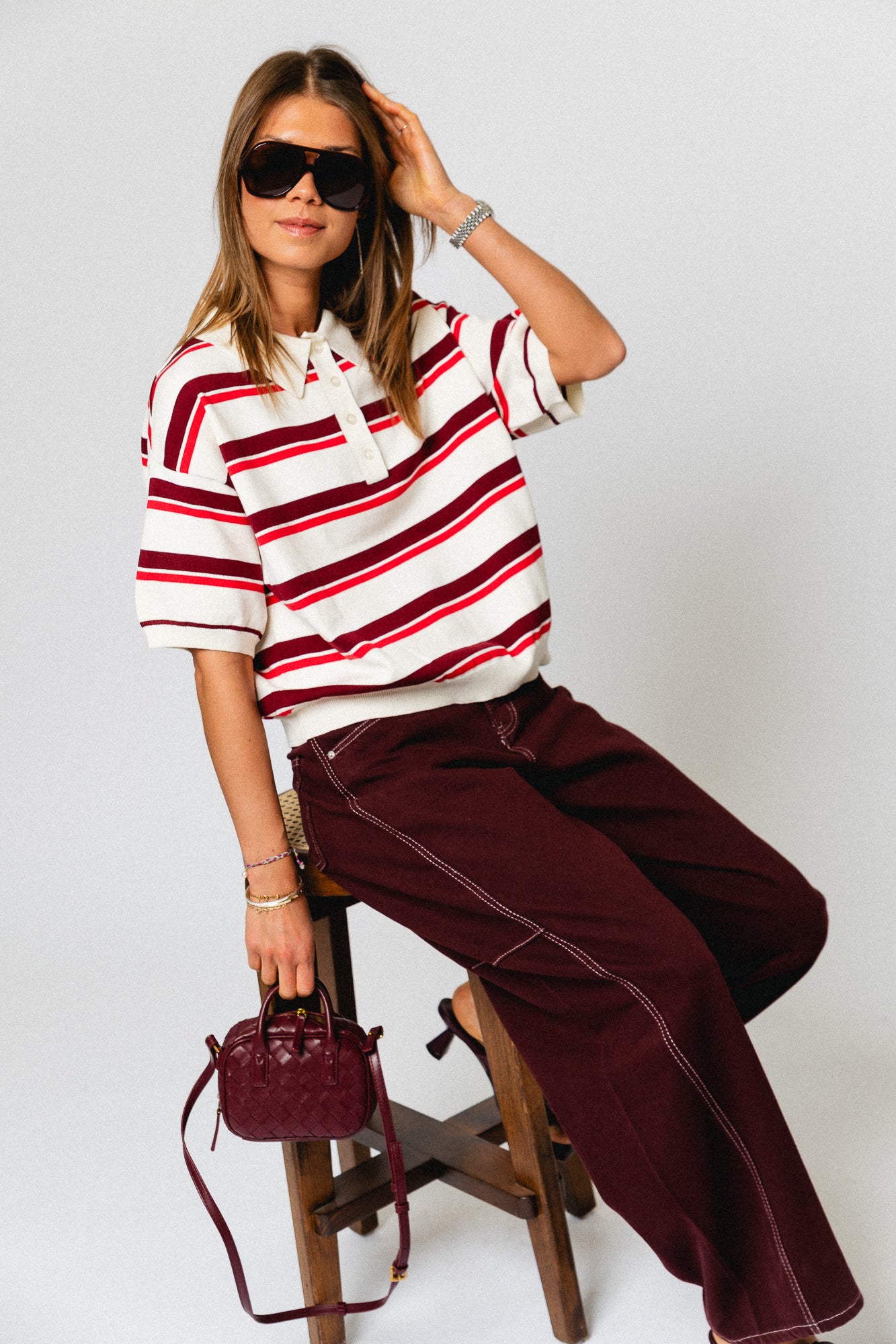 GZTaia SS polo pullover - egret/cabernet/poinsettia