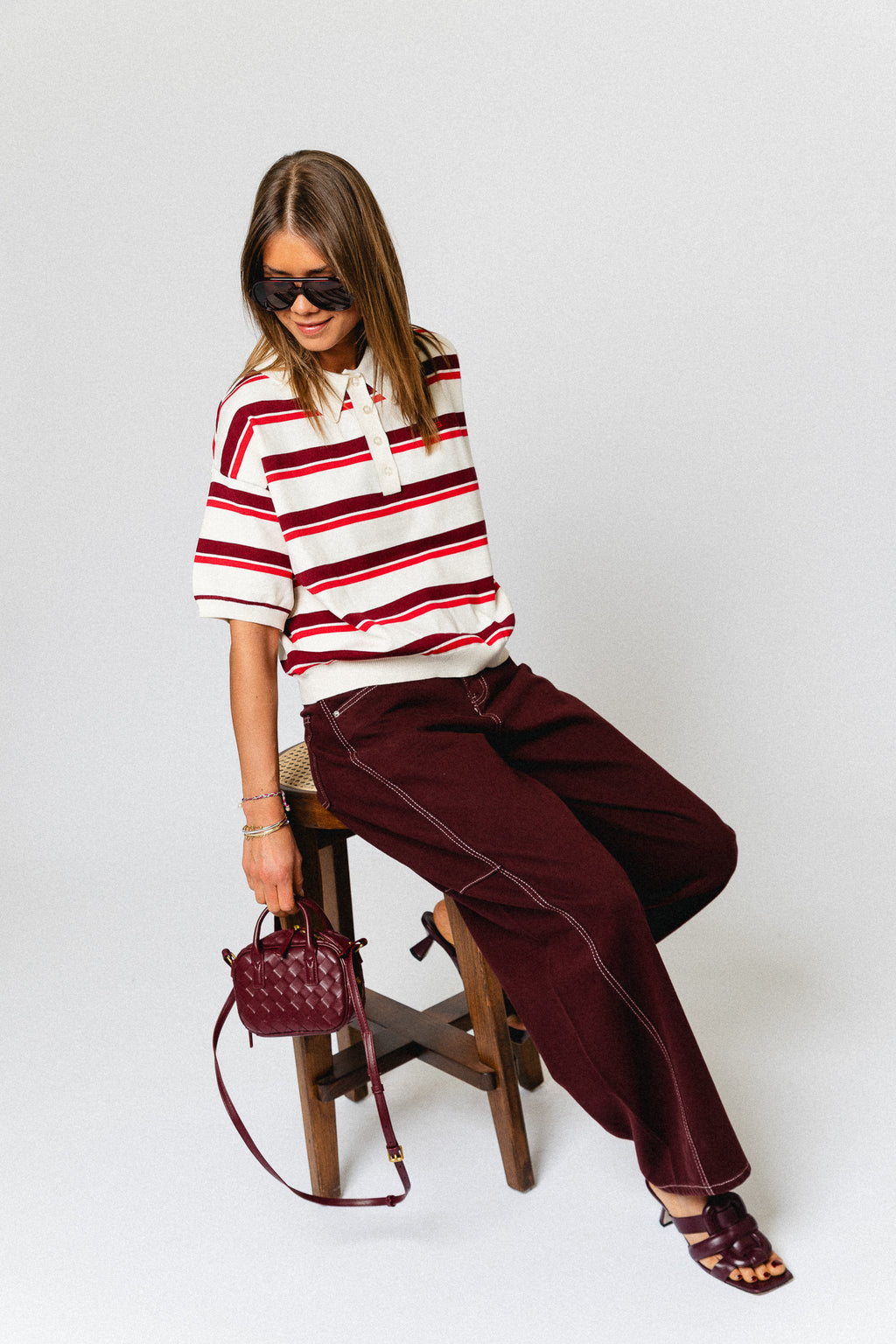 GZTaia SS polo pullover - egret/cabernet/poinsettia