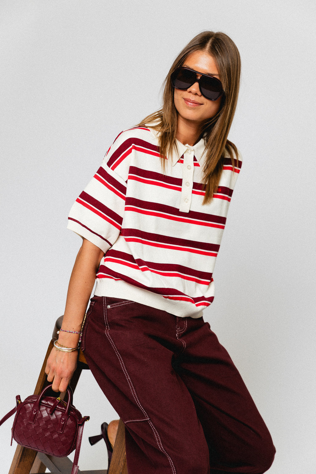 GZTaia SS polo pullover - egret/cabernet/poinsettia