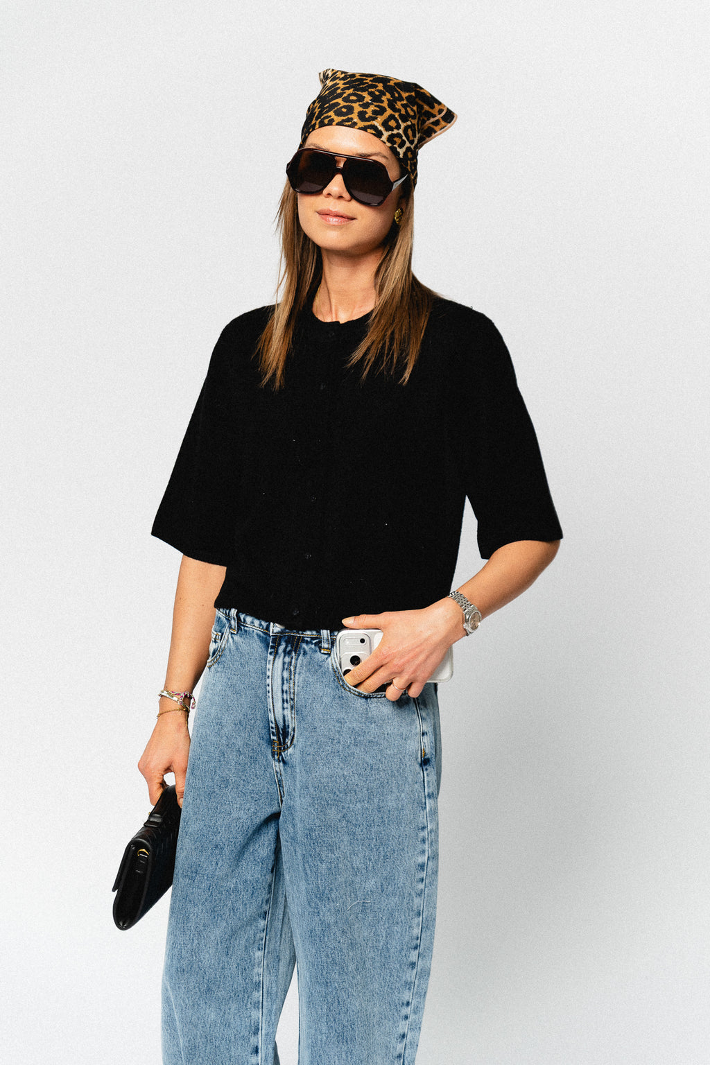 OBJThess solid 3/4 sleeve cardigan black