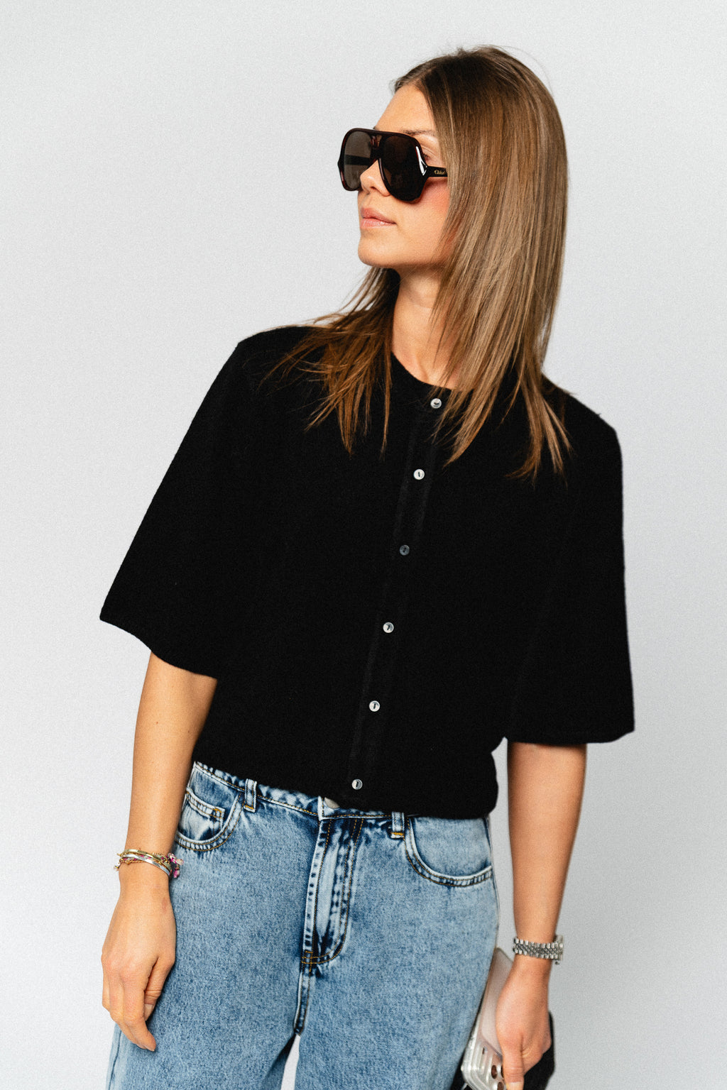 OBJThess solid 3/4 sleeve cardigan black