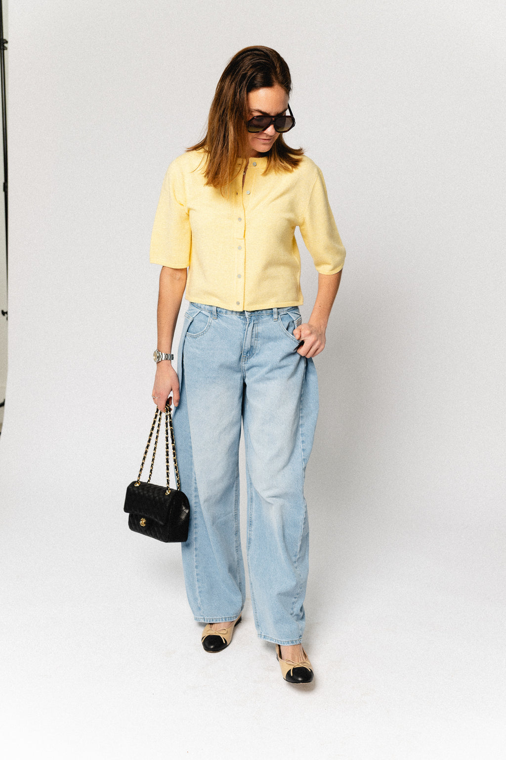 OBJThess solid 3/4 sleeve cardigan sunlight