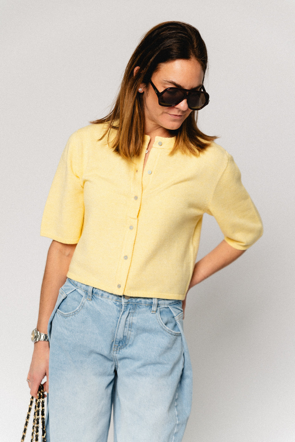 OBJThess solid 3/4 sleeve cardigan sunlight