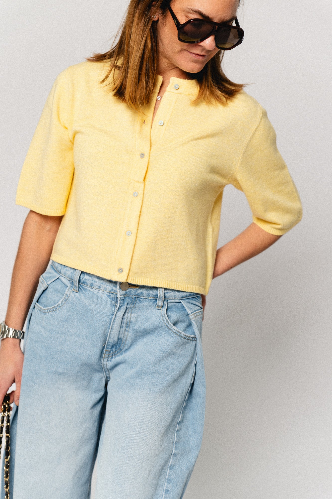 OBJThess solid 3/4 sleeve cardigan sunlight